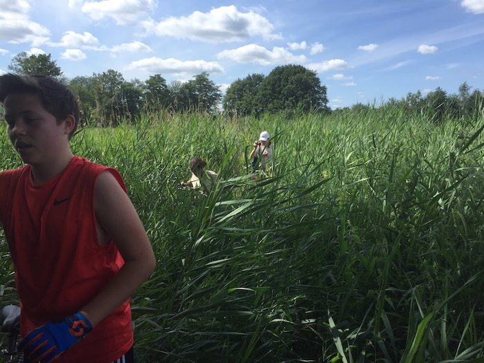 Kinderen in een grasveld tijdens een survivalkamp