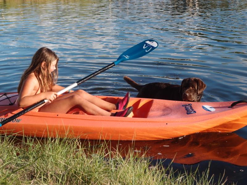 Meisje zit in een kano met een hond in het water op kindervakantie