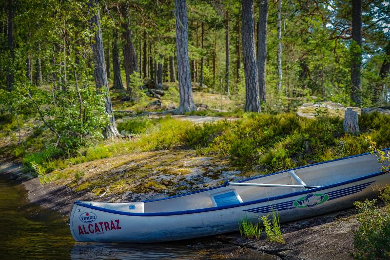 Een kano naast een meer in het bos tijdens natuurkamp in Zweden