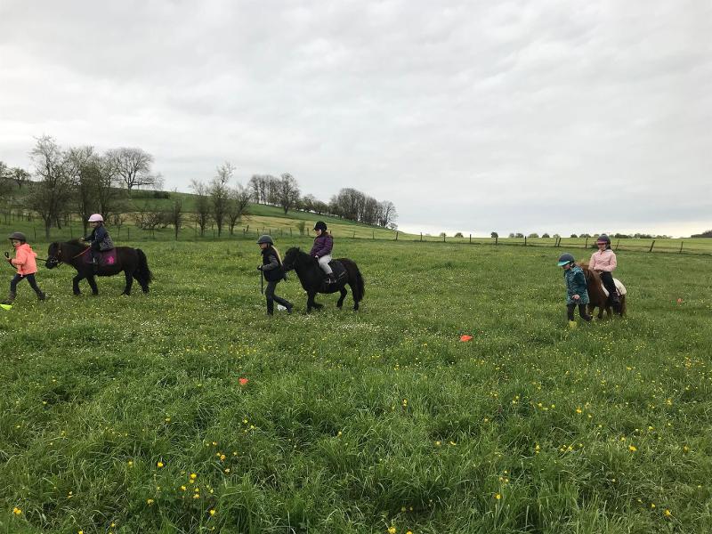 enfants avec des poneys dans le pré en colonie équitation pas cher