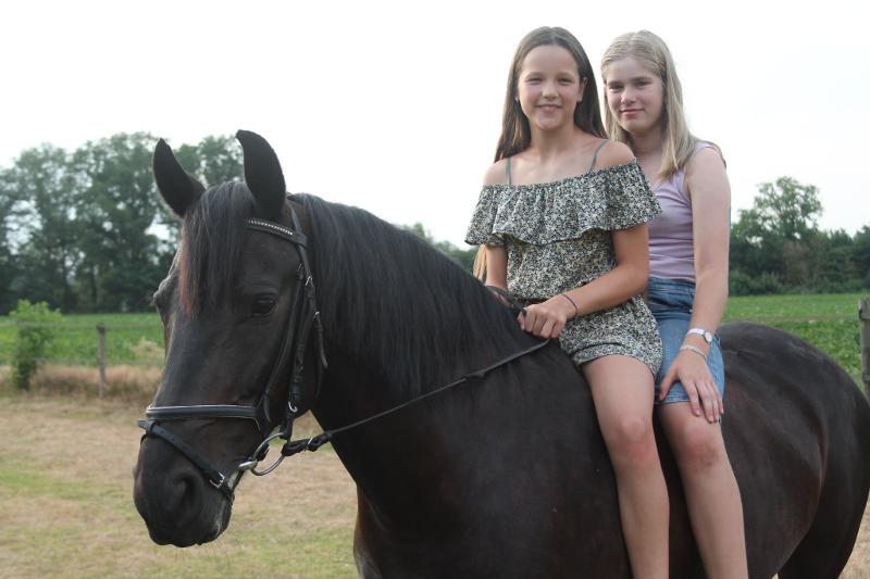 Met z'n tweeën op één paard op paardrijden kamp